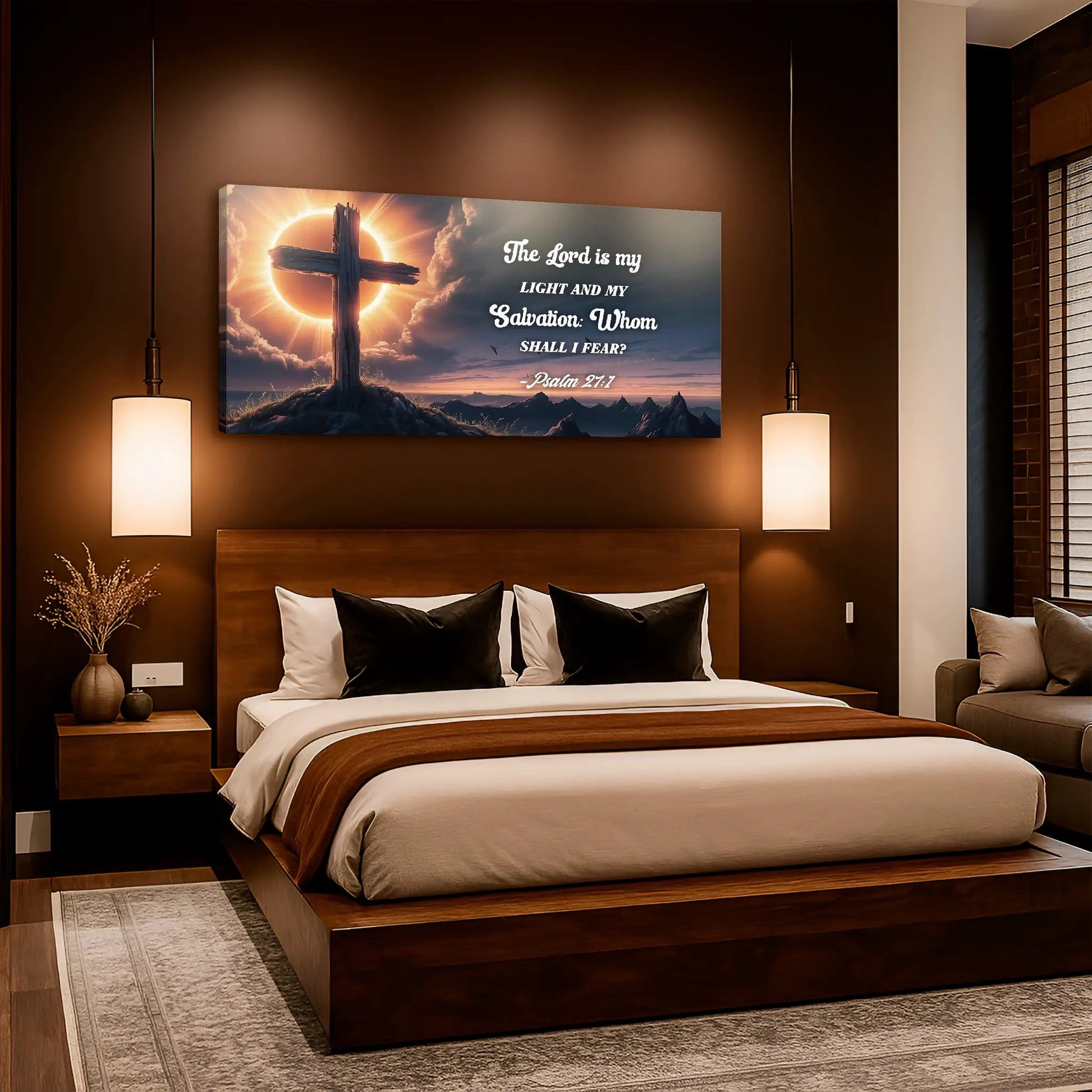 Psalm 27:1 faith canvas by Tailored Canvases with cross and sunrise design on Tampa Home & Garden Store