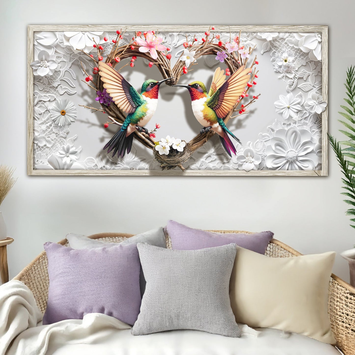 3D Hummingbirds Wall Art IV print: two hummingbirds on a heart wreath with rustic wood frame on Tampa Home & Garden Store