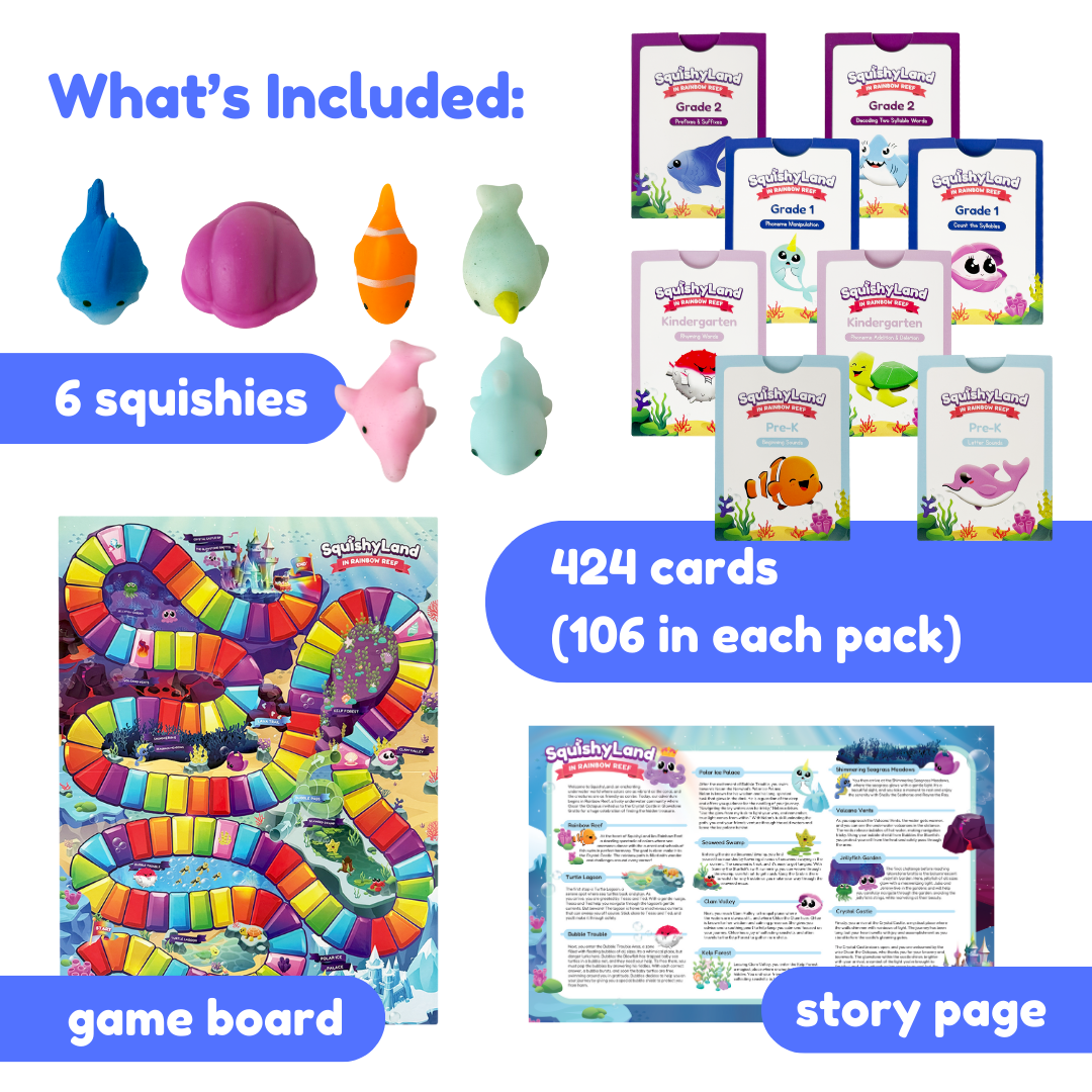 Squishyland educational toy set by The Fidget Games: 6 colorful squishies, 424 cards, game board on Tampa Home & Garden Store