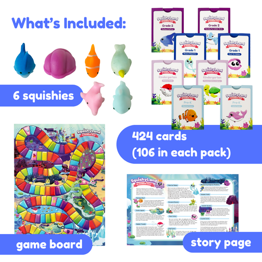 Squishyland educational toy set by The Fidget Games: 6 colorful squishies, 424 cards, game board on Tampa Home & Garden Store
