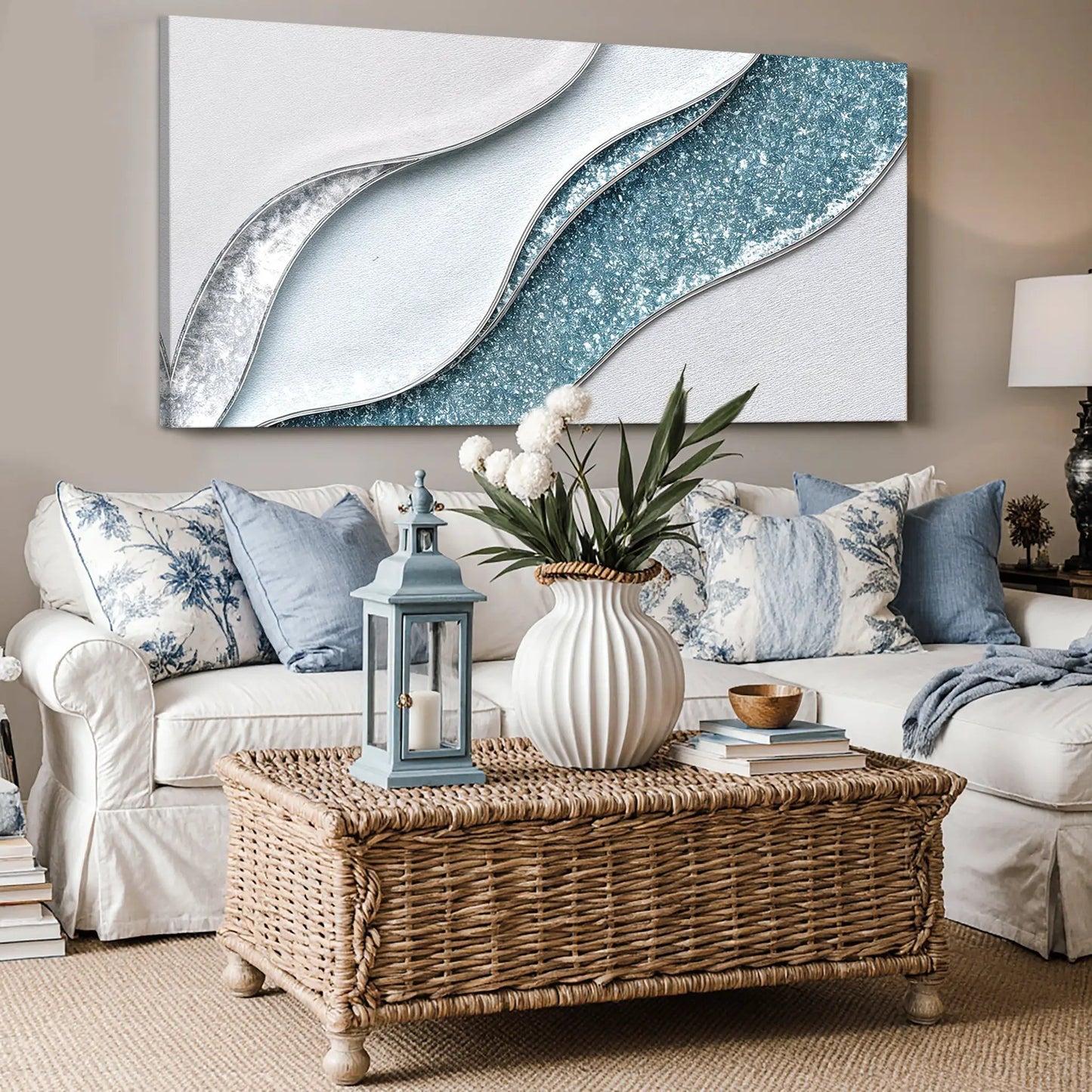 Lighter Waves Wall Art canvas by Tailored Canvases with silver blue curved waves on Tampa Home & Garden Store
