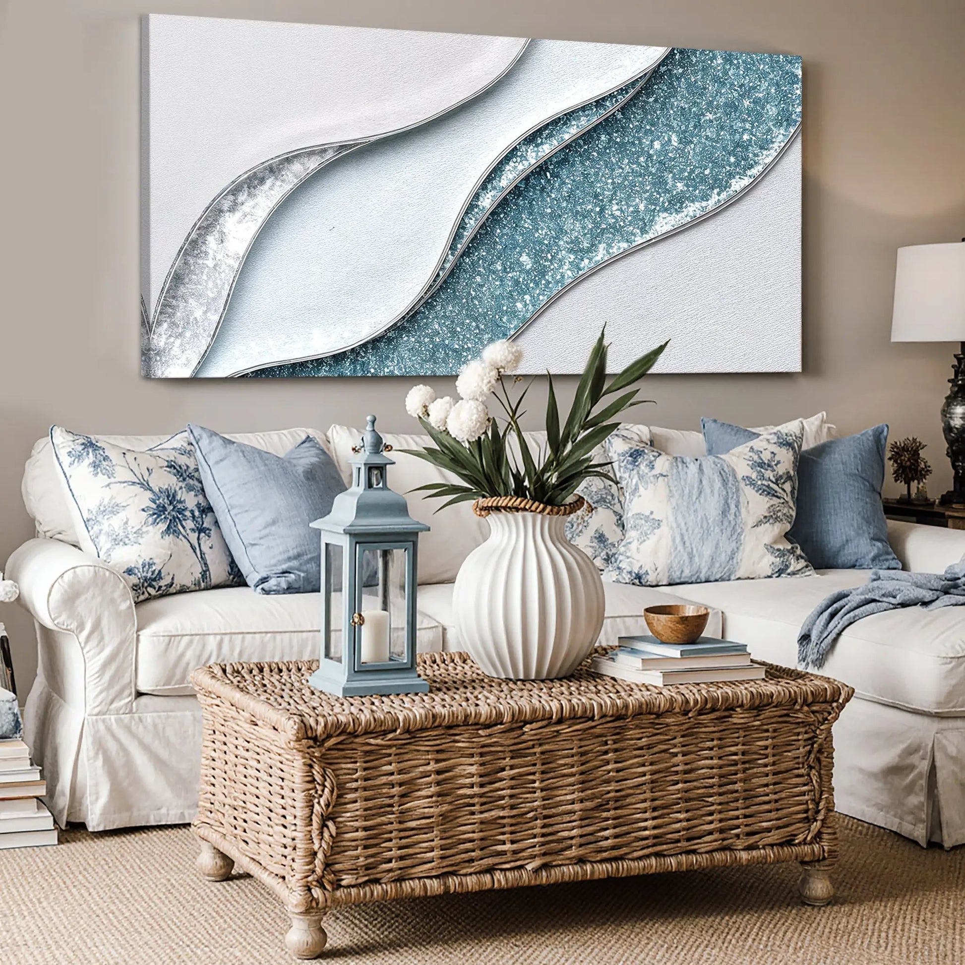 Lighter Waves Wall Art canvas by Tailored Canvases with silver blue curved waves on Tampa Home & Garden Store