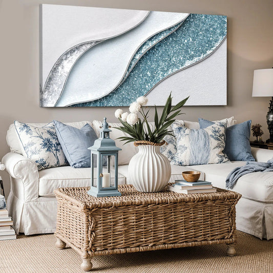 Lighter Waves Wall Art canvas by Tailored Canvases with silver blue curved waves on Tampa Home & Garden Store