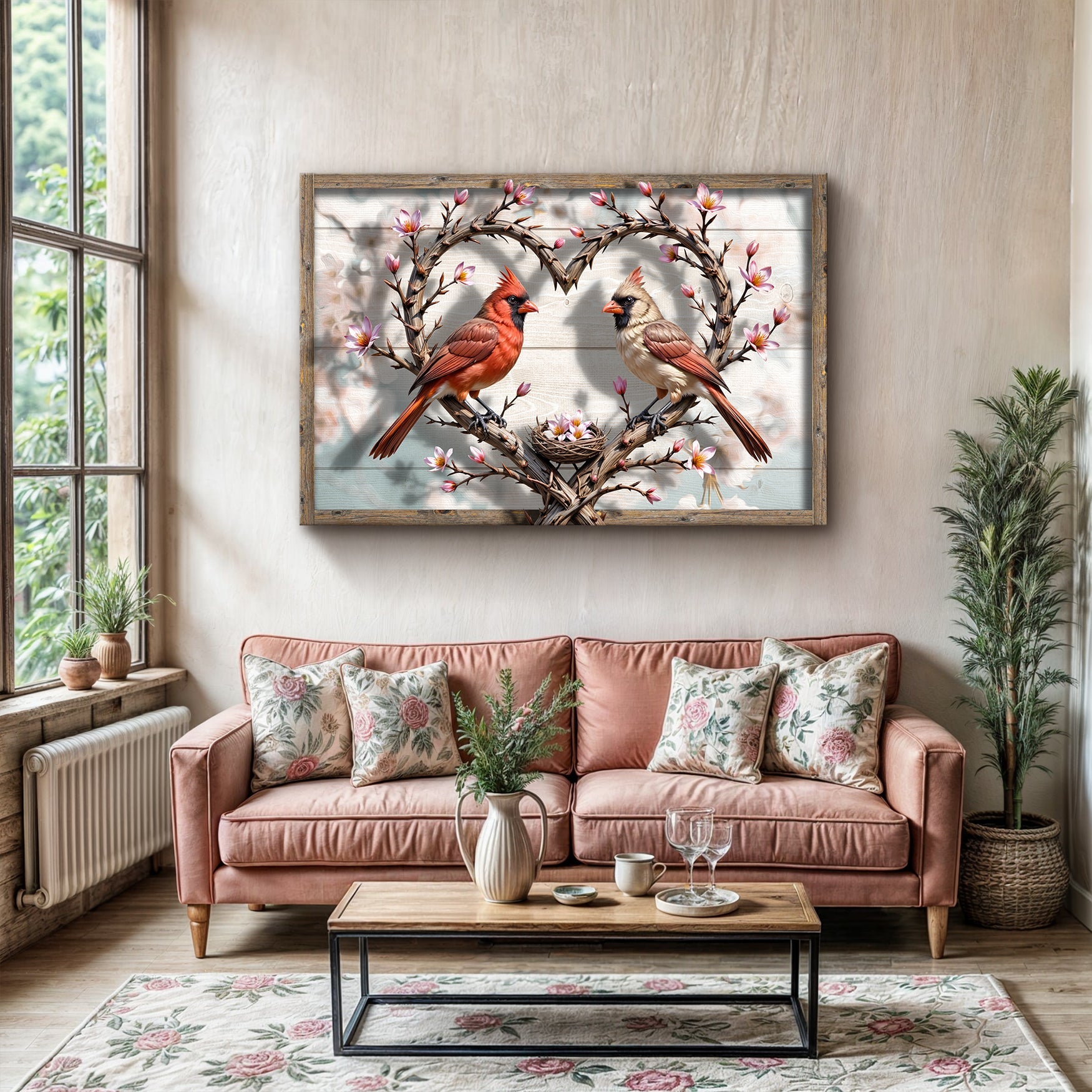 3D Cardinals Wall Art V canvas by Tailored Canvases; two red cardinals on a heart twig frame on Tampa Home & Garden Store