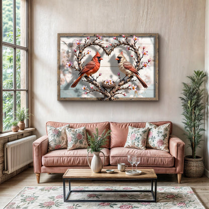 3D Cardinals Wall Art V canvas by Tailored Canvases; two red cardinals on a heart twig frame on Tampa Home & Garden Store