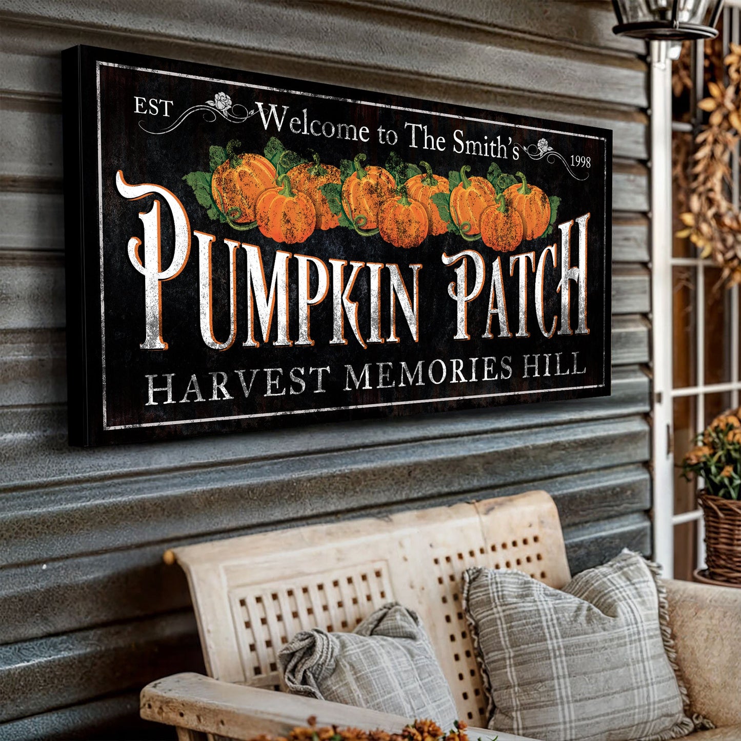 Personalized Pumpkin Patch Sign IX distressed black canvas by Tailored Canvases on Tampa Home & Garden Store
