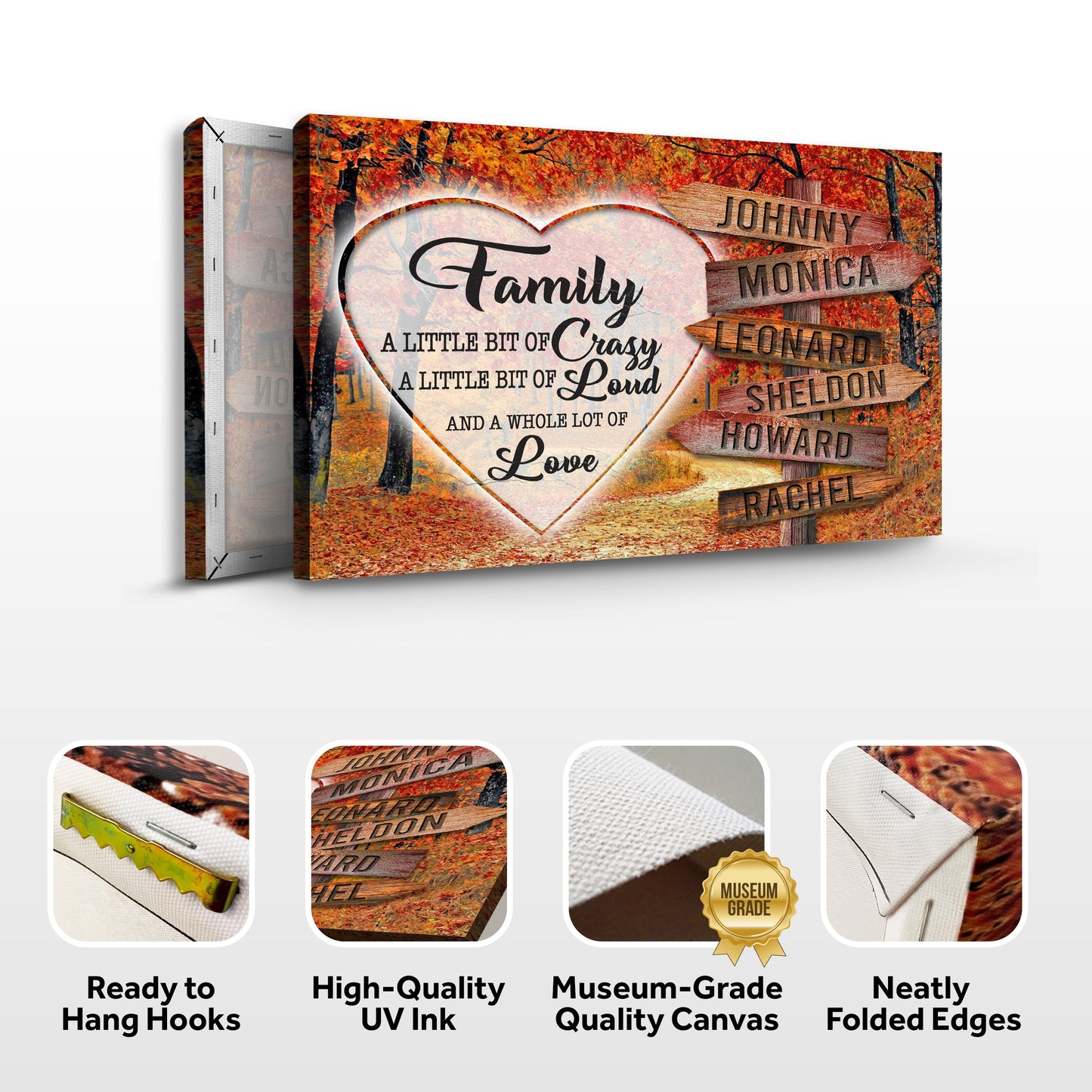 A Lot of Love Family Names Sign III canvas with autumn leaves and wooden directional signs on Tampa Home & Garden Store