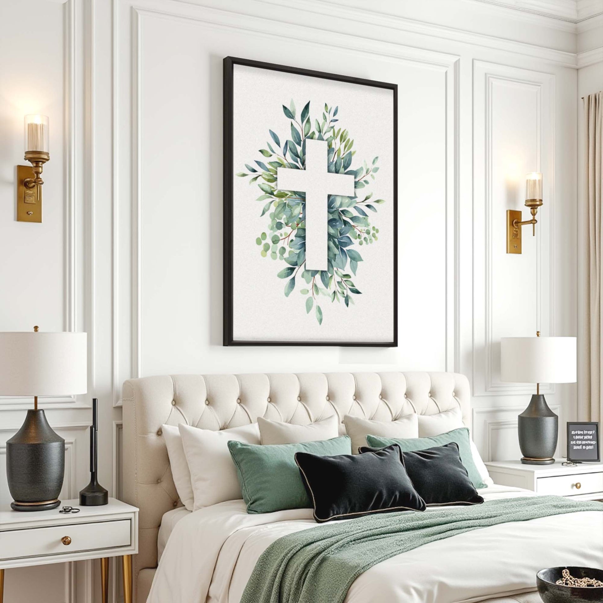 Evergreen Cross Faith Canvas with a leafy wreath, framed in black by Tailored Canvases on Tampa Home & Garden Store