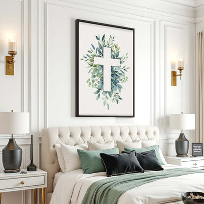 Evergreen Cross Faith Canvas with a leafy wreath, framed in black by Tailored Canvases on Tampa Home & Garden Store