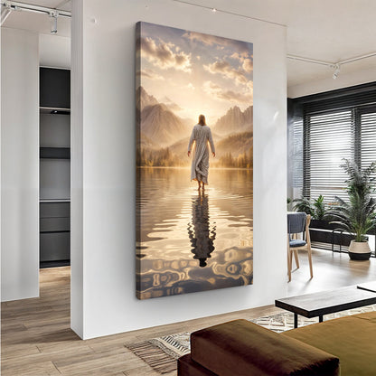 Reflections Faith Wall Art IV canvas; tall vertical figure walks on sunlit water to mountains on Tampa Home & Garden Store