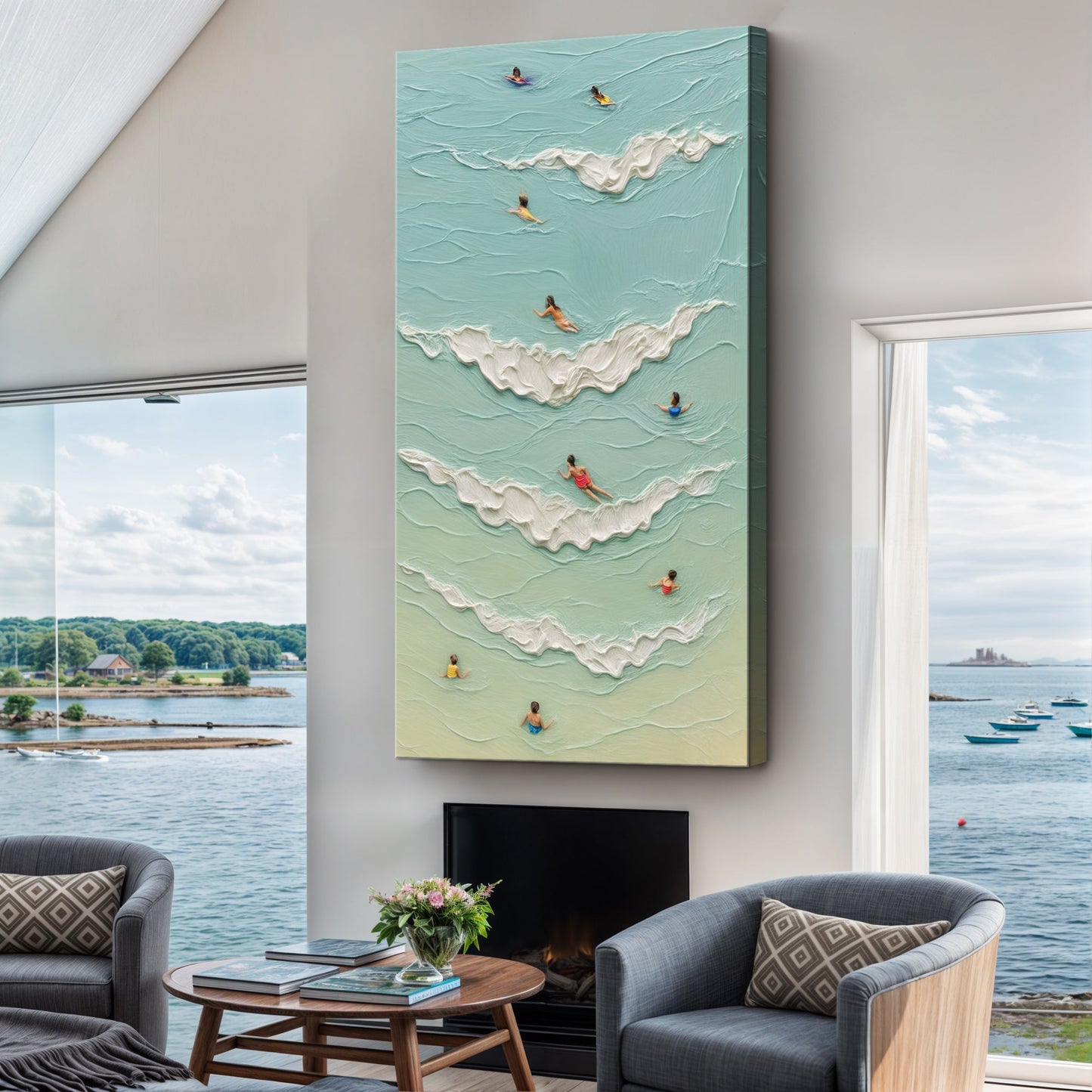 Beach Days Wall Art XIX by Tailored Canvases, teal ocean relief with foam waves on Tampa Home & Garden Store