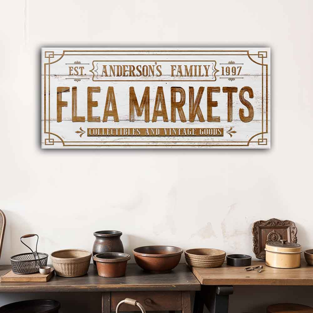 Canvas sign Family Flea Market II by Tailored Canvases, white with vintage lettering on Tampa Home & Garden Store