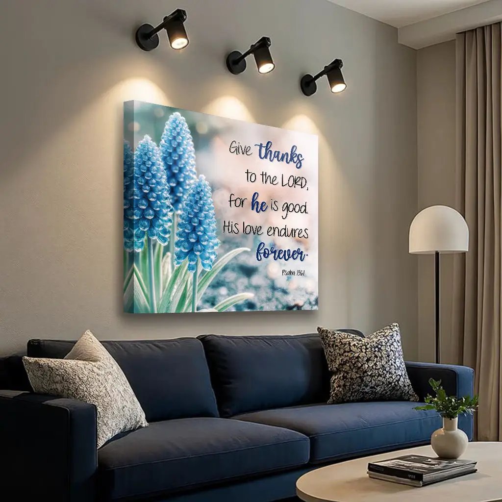 Canvas wall sign: Psalm 136:1 Give Thanks To The Lord with blue hyacinths by Tailored Canvases on Tampa Home & Garden Store
