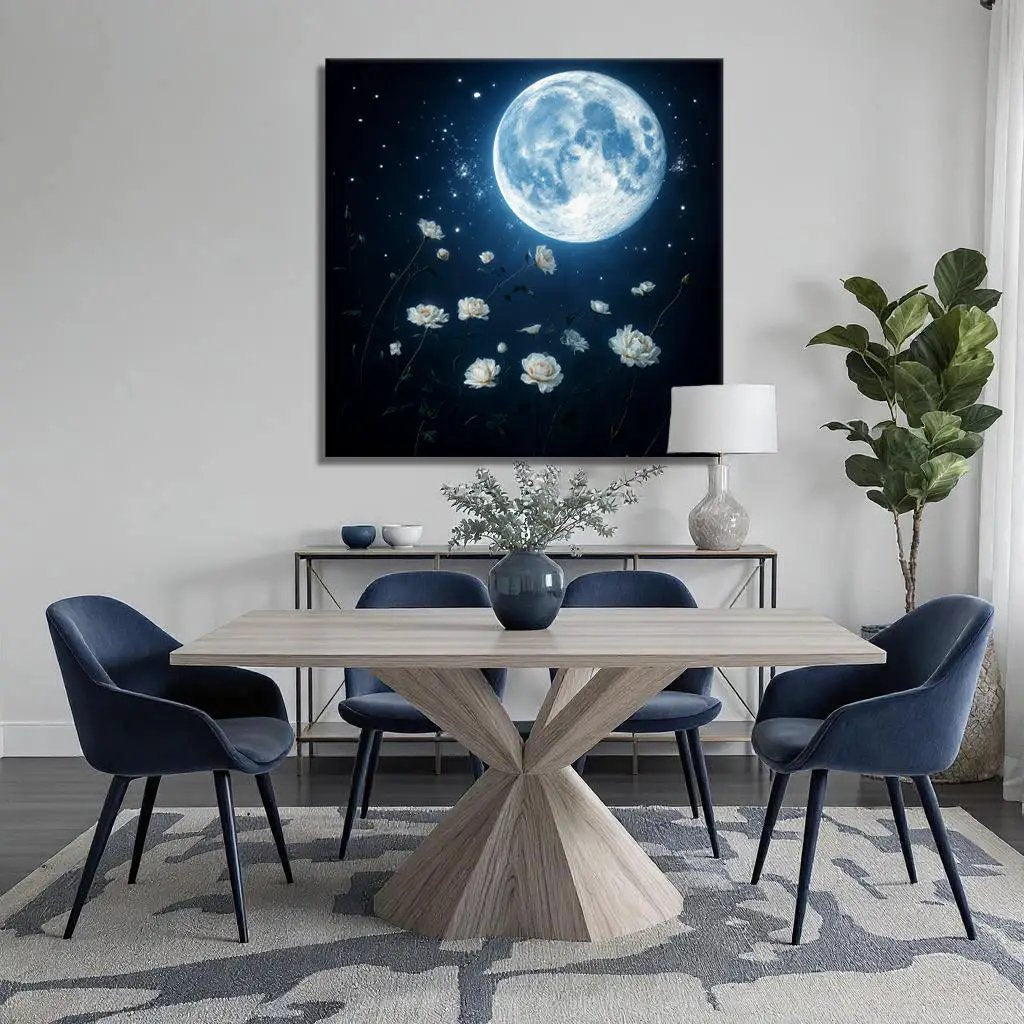 Lunar Canvas Wall Art by Tailored Canvases, blue moon scene with white roses on canvas on Tampa Home & Garden Store