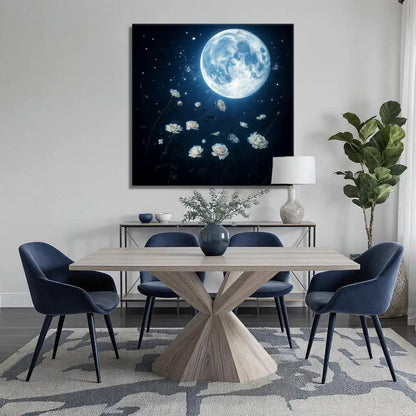 Lunar Canvas Wall Art by Tailored Canvases, blue moon scene with white roses on canvas on Tampa Home & Garden Store