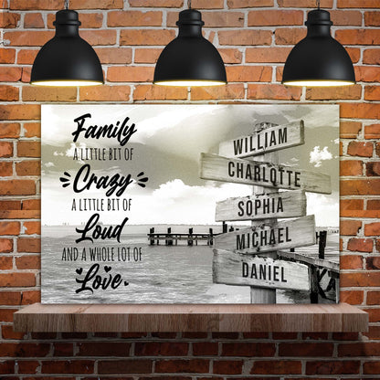 A Lot of Love Family Names Sign canvas by Tailored Canvases with three black pendant lights on Tampa Home & Garden Store
