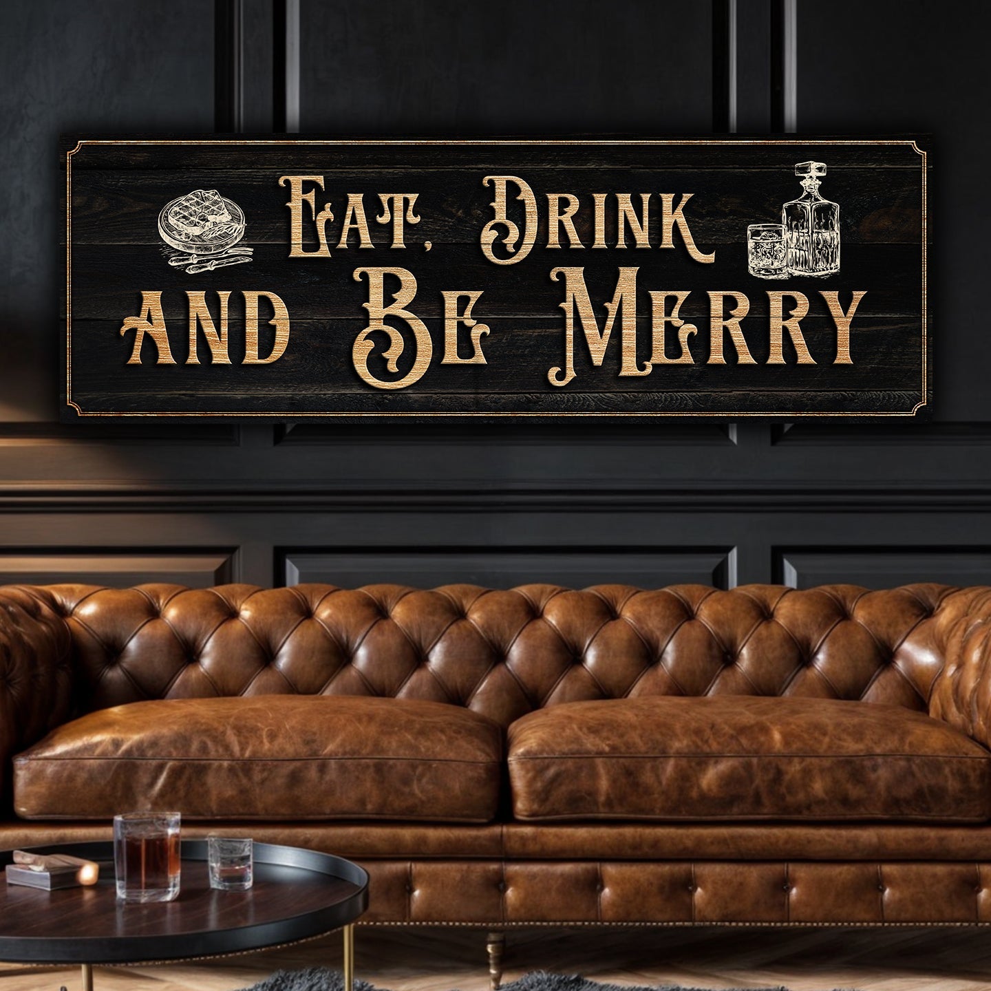 Eat, Drink and Be Merry canvas sign by Tailored Canvases on black wood with gold lettering and bottle-glass art on Tampa Home & Garden Store