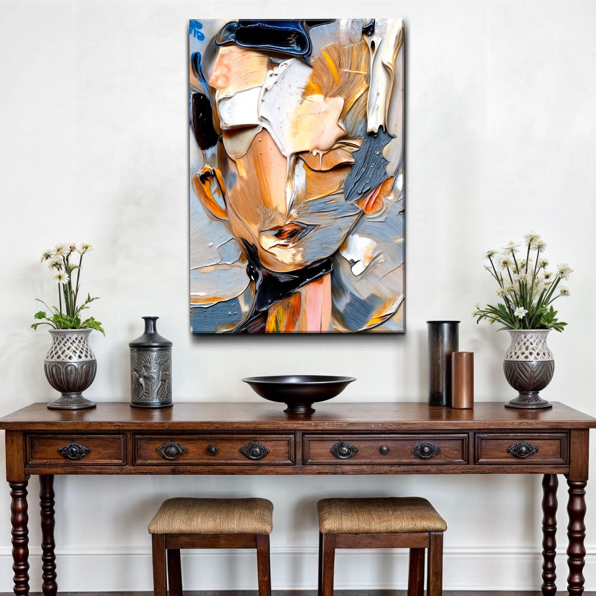 Beyond The Face Abstract Wall Art Tailored Canvases with thick impasto in orange and blue on Tampa Home & Garden Store