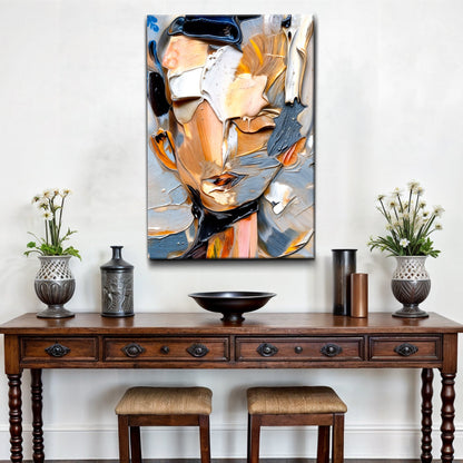 Beyond The Face Abstract Wall Art Tailored Canvases with thick impasto in orange and blue on Tampa Home & Garden Store