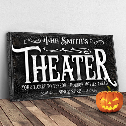 Theater Sign VII canvas by Tailored Canvases, black sign with white lettering on Tampa Home & Garden Store