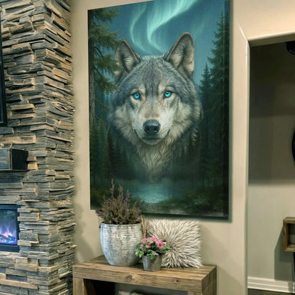 Wolf Northern Symphony Canvas Wall Art by Tailored Canvases; blue-eyed wolf in a forest at night on Tampa Home & Garden Store