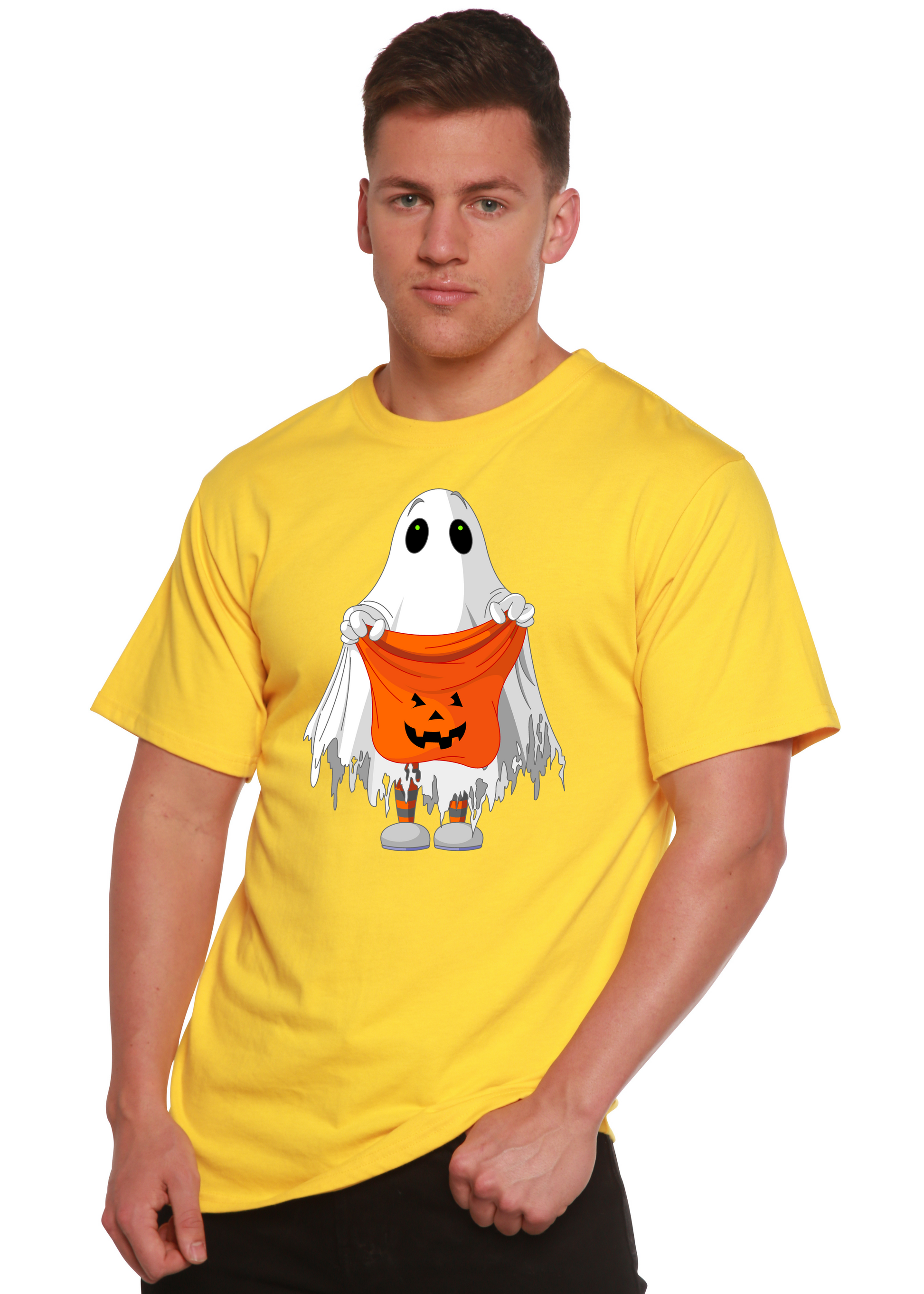 Boo Halloween men's graphic T-shirt in yellow with ghost and pumpkin print by Spun Bamboo on Tampa Home & Garden Store