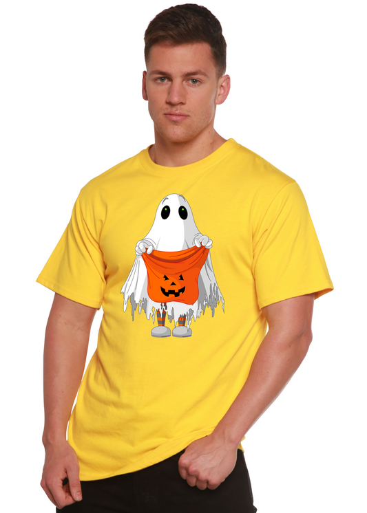 Boo Halloween men's graphic T-shirt in yellow with ghost and pumpkin print by Spun Bamboo on Tampa Home & Garden Store