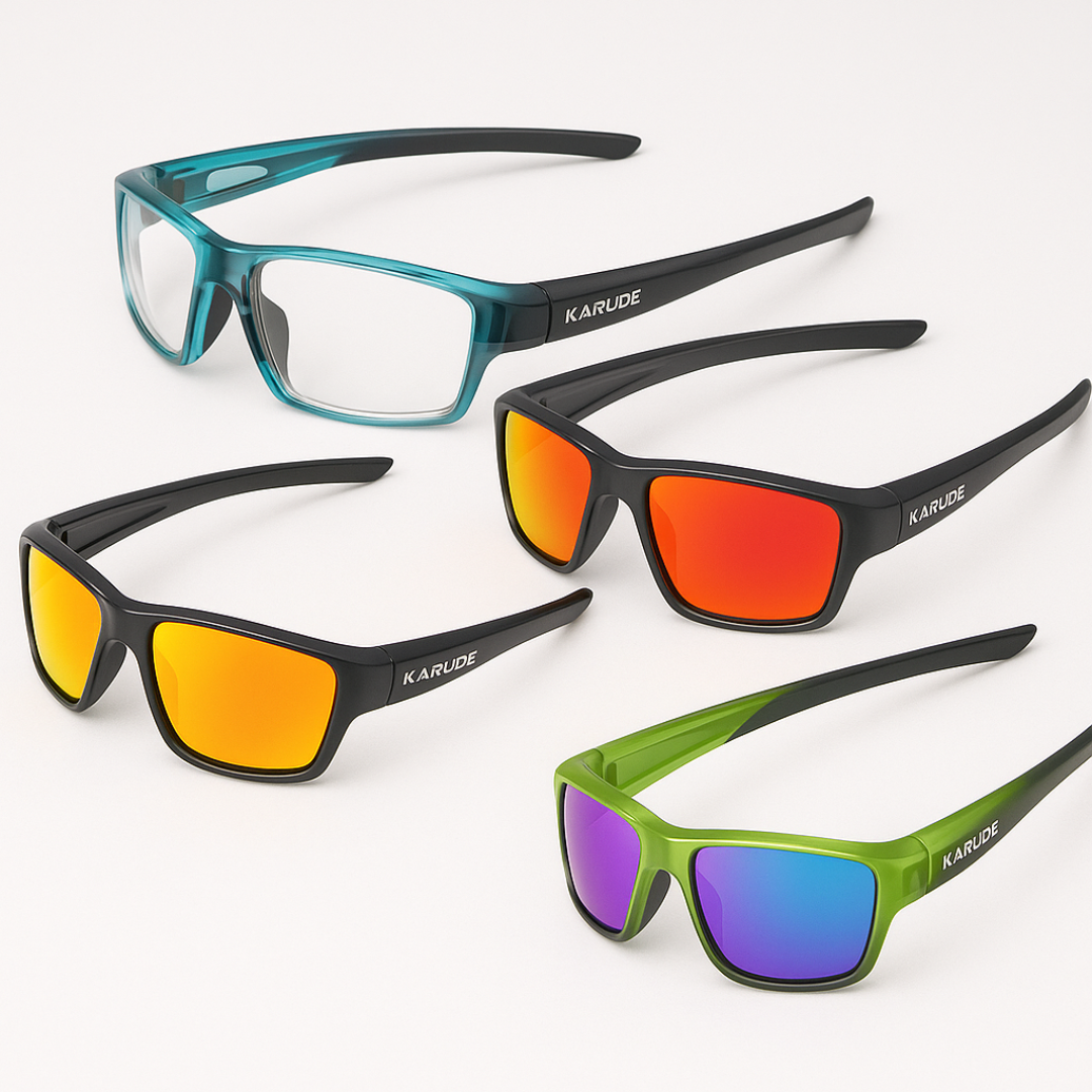 Kapvoe polarized sunglasses 4-pack teal orange mirrored yellow green-purple KARUDE branding on Tampa Home & Garden Store