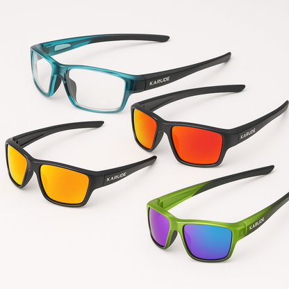 Kapvoe polarized sunglasses 4-pack teal orange mirrored yellow green-purple KARUDE branding on Tampa Home & Garden Store