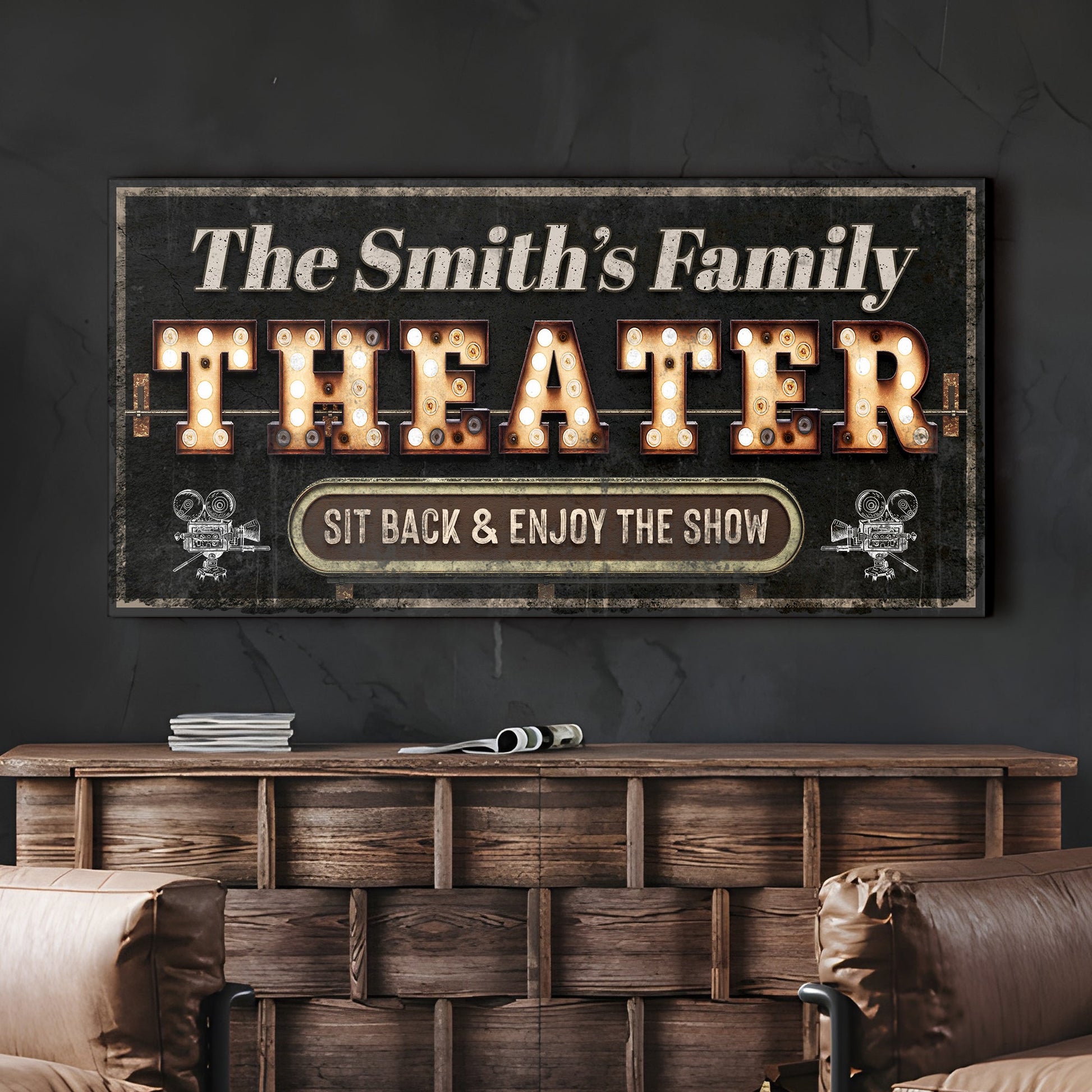 Theater Sign VIII canvas with vintage dark panel and marquee letters The Smith's Family on Tampa Home & Garden Store