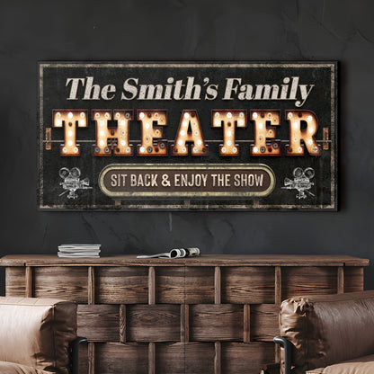 Theater Sign VIII canvas with vintage dark panel and marquee letters The Smith's Family on Tampa Home & Garden Store