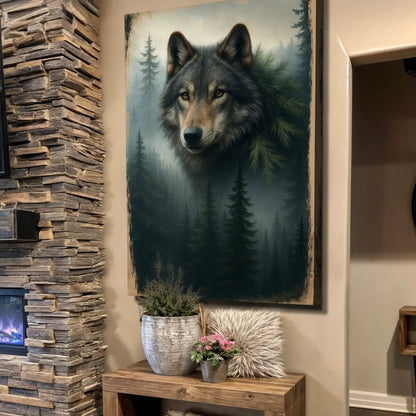 Tailored Canvases Wolf Double Exposure Wall Art V canvas with forest wolf and pine silhouettes on Tampa Home & Garden Store