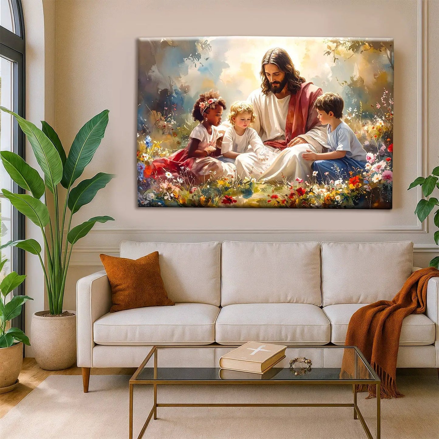 Jesus With Children Faith Wall Art VIII canvas by Tailored Canvases, Jesus with three children in a colorful floral scene on Tampa Home & Garden Store