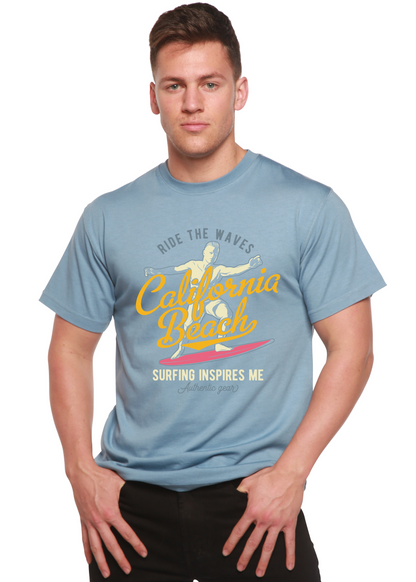 Mens light blue graphic tee with California Beach surf art and script bamboo viscose/organic cotton on Tampa Home & Garden Store