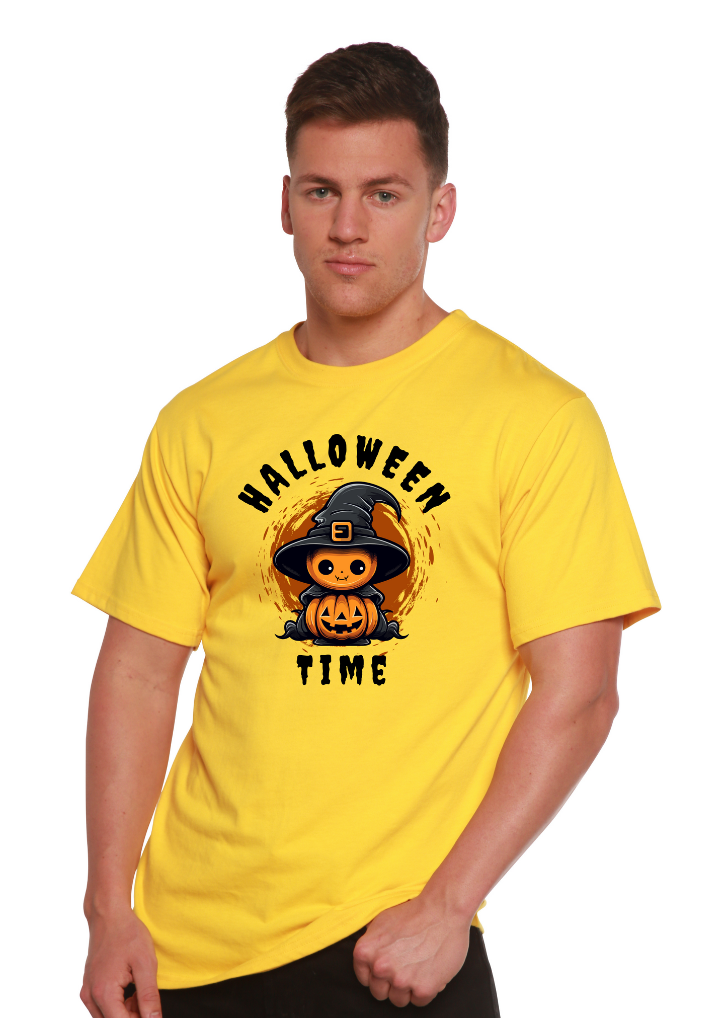 Spun Bamboo Halloween Time short sleeve graphic t-shirt yellow pumpkin witch design on Tampa Home & Garden Store