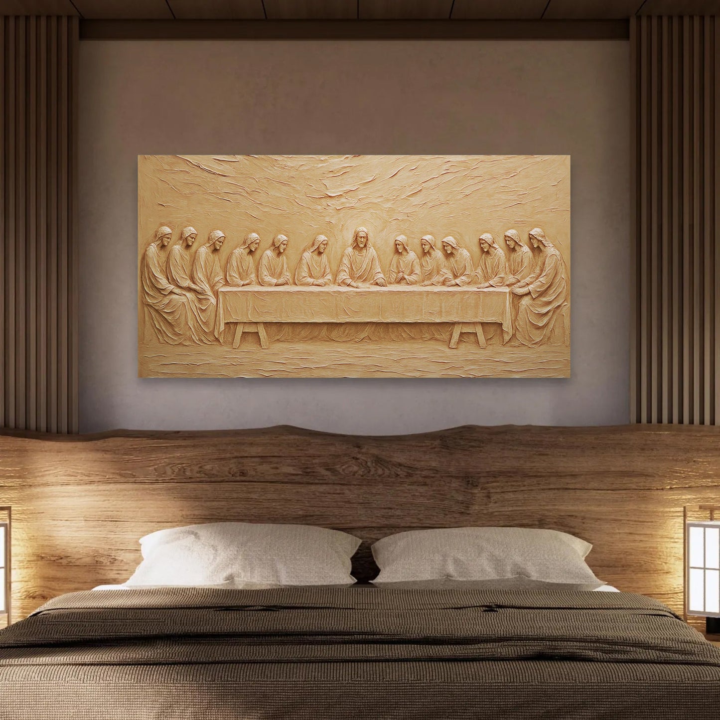 Canvas wall art The Last Supper Minimalist Faith in beige relief Jesus and apostles at table on Tampa Home & Garden Store