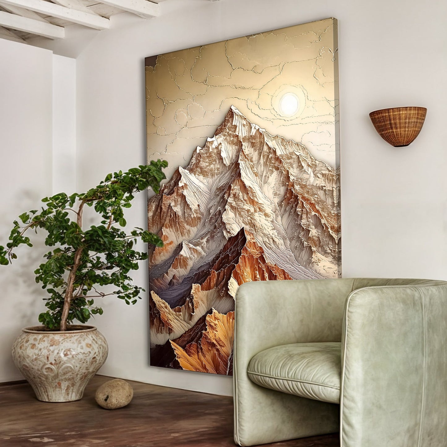 3D Minimalist Mountain Canvas wall art in bronze tones with peaks Tailored Canvases on Tampa Home & Garden Store