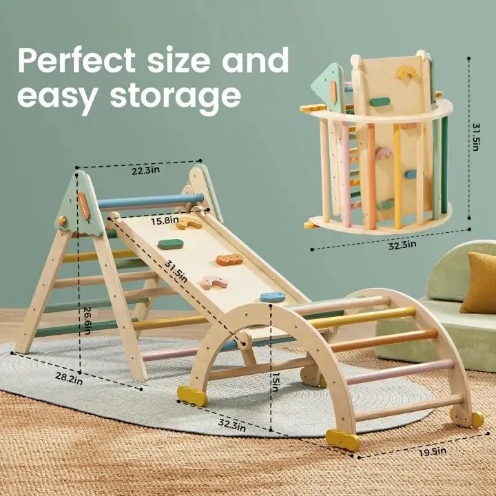 Tiny Land INC 7-in-1 Morandi Pikler triangle climbing set in natural wood with pastel accents on Tampa Home & Garden Store