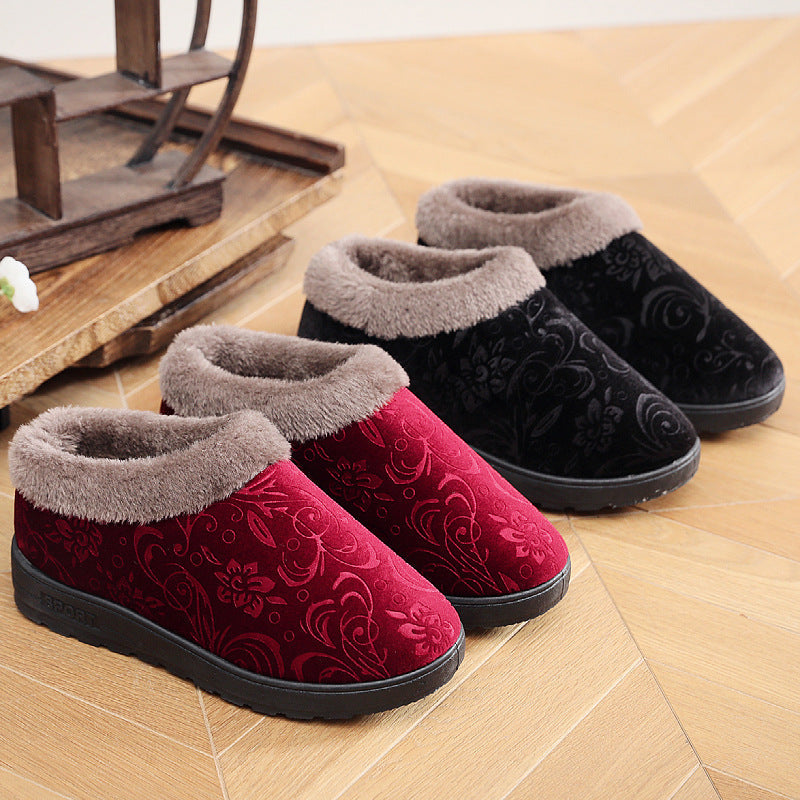 Stevvex women's home slippers with plush lining and floral velvet; burgundy, red, and black on Tampa Home & Garden Store
