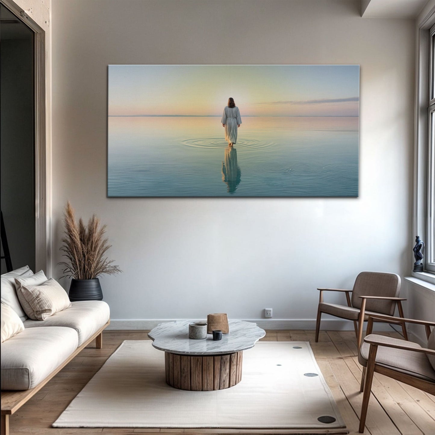 Reflections Faith Wall Art XVII Canvas by Tailored Canvases shows woman in calm water at sunset on Tampa Home & Garden Store