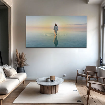 Reflections Faith Wall Art XVII Canvas by Tailored Canvases shows woman in calm water at sunset on Tampa Home & Garden Store