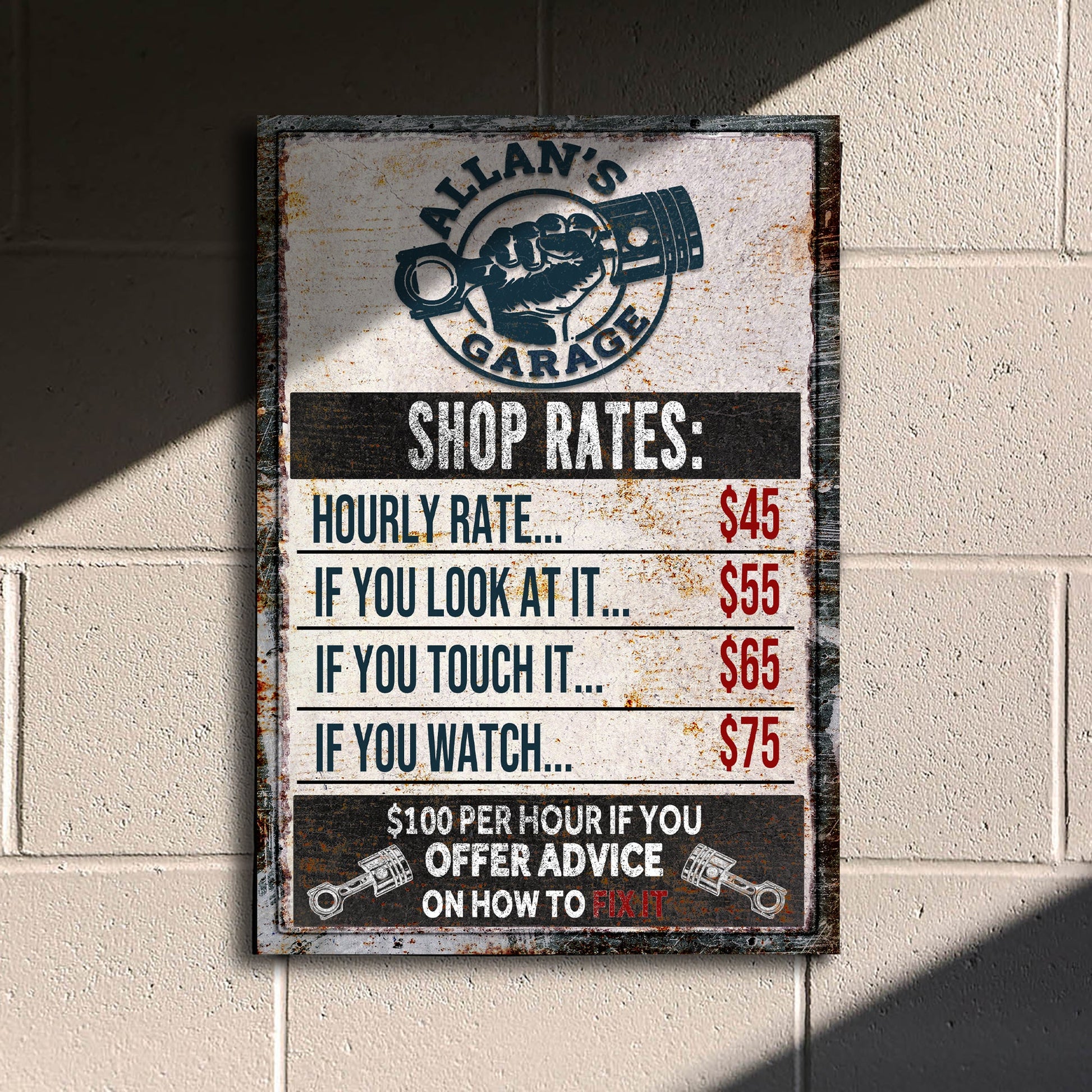 Garage Rules Sign canvas by Tailored Canvases distressed blue fist and piston on a rusted frame on Tampa Home & Garden Store