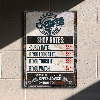 Garage Rules Sign canvas by Tailored Canvases distressed blue fist and piston on a rusted frame on Tampa Home & Garden Store