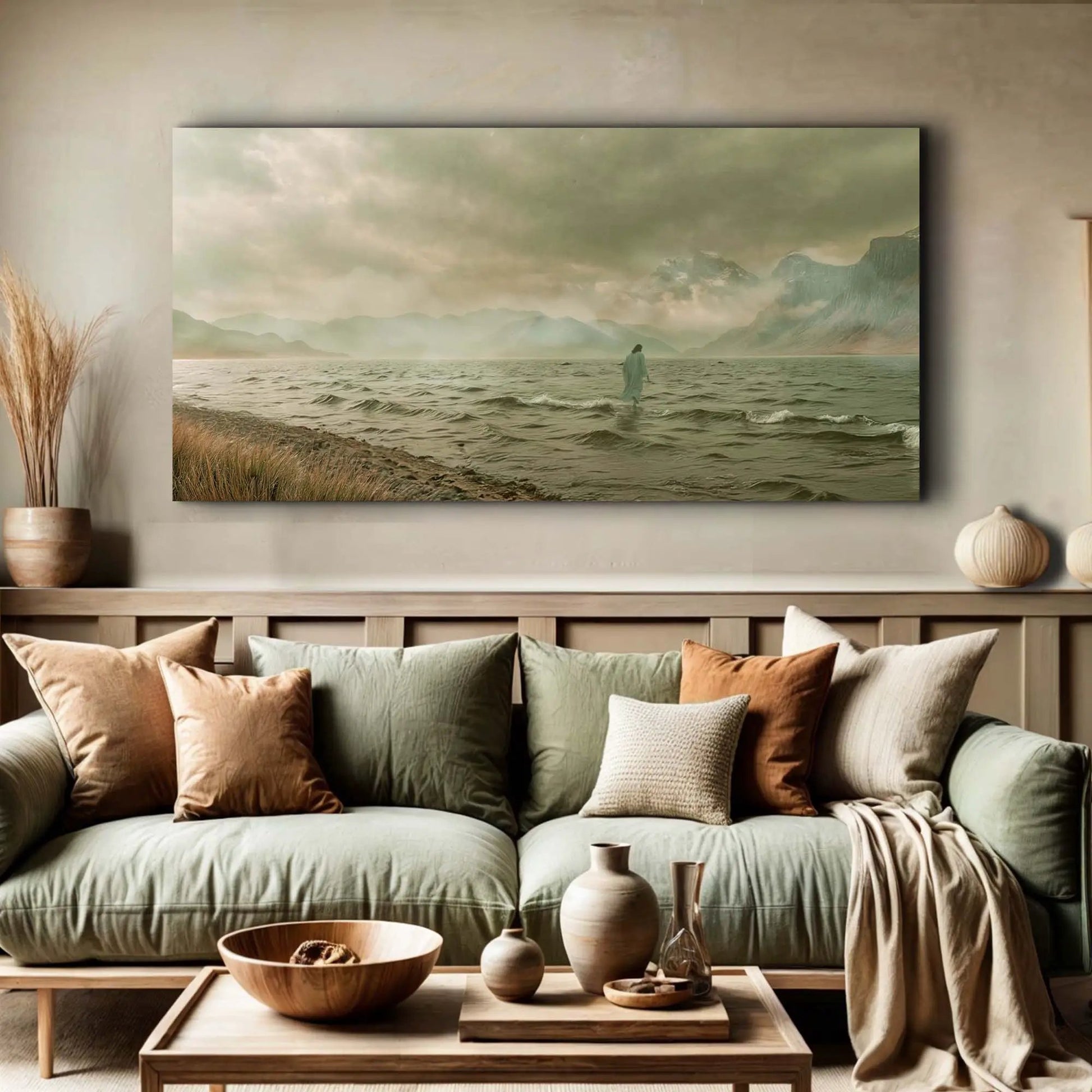 Walking On Water Faith Wall Art canvas Tailored Canvases muted coastal scene with a lone figure on Tampa Home & Garden Store