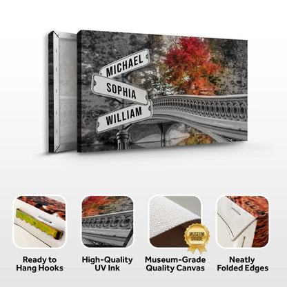 Autumn Bridge Family Names Sign canvas by Tailored Canvases, black and white street signs with autumn foliage on Tampa Home & Garden Store