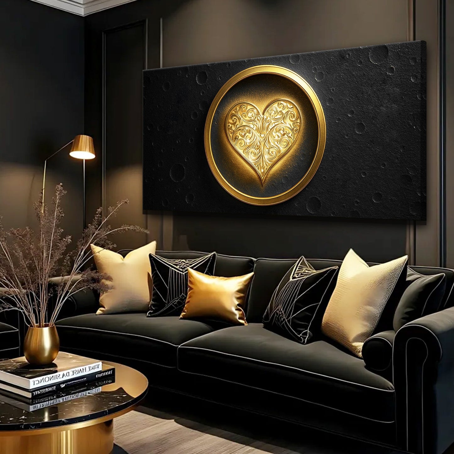Heart Eclipse Wall Art canvas Tailored Canvases black backdrop with gold heart medallion on Tampa Home & Garden Store