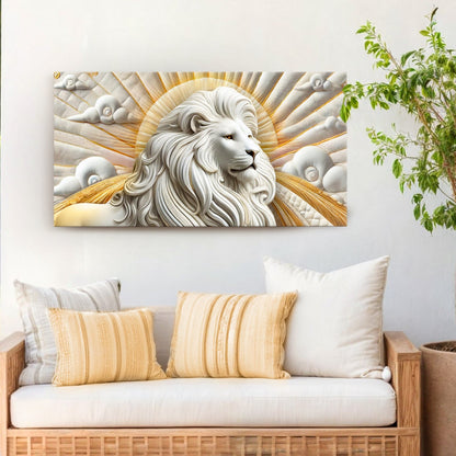 3D Majestic Lion Wall Art III canvas featuring a white lion with flowing mane and gold sunburst on Tampa Home & Garden Store
