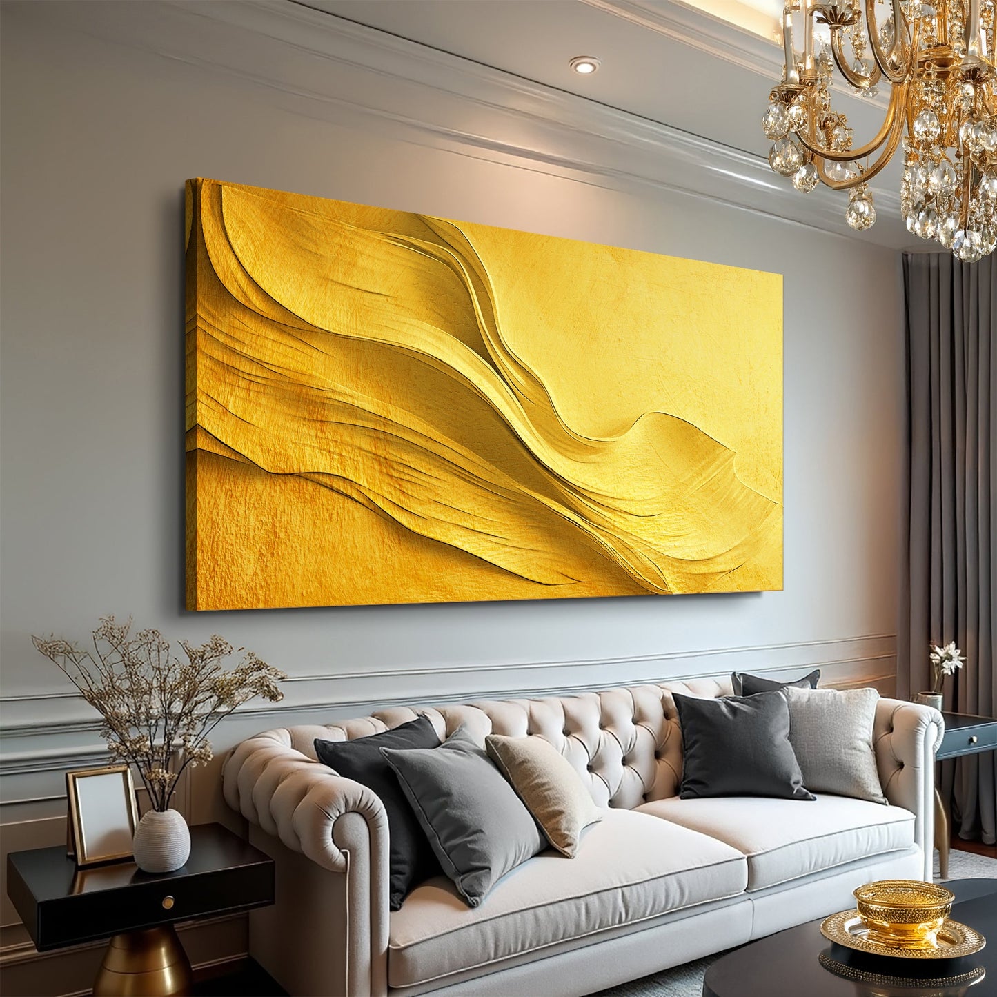 Gold Minimalist Wall Art canvas with flowing metallic curves in a chic living room on Tampa Home & Garden Store