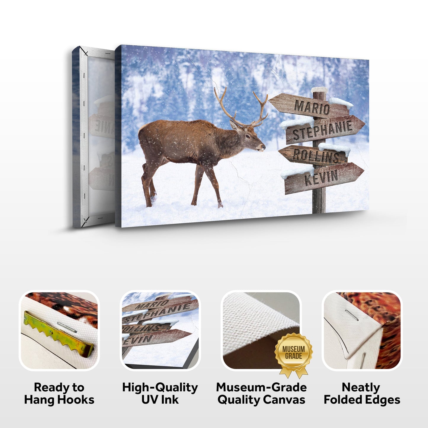 Deer Family Names Sign canvas Tailored Canvases buck beside signpost Mario Stephanie Kevin on Tampa Home & Garden Store
