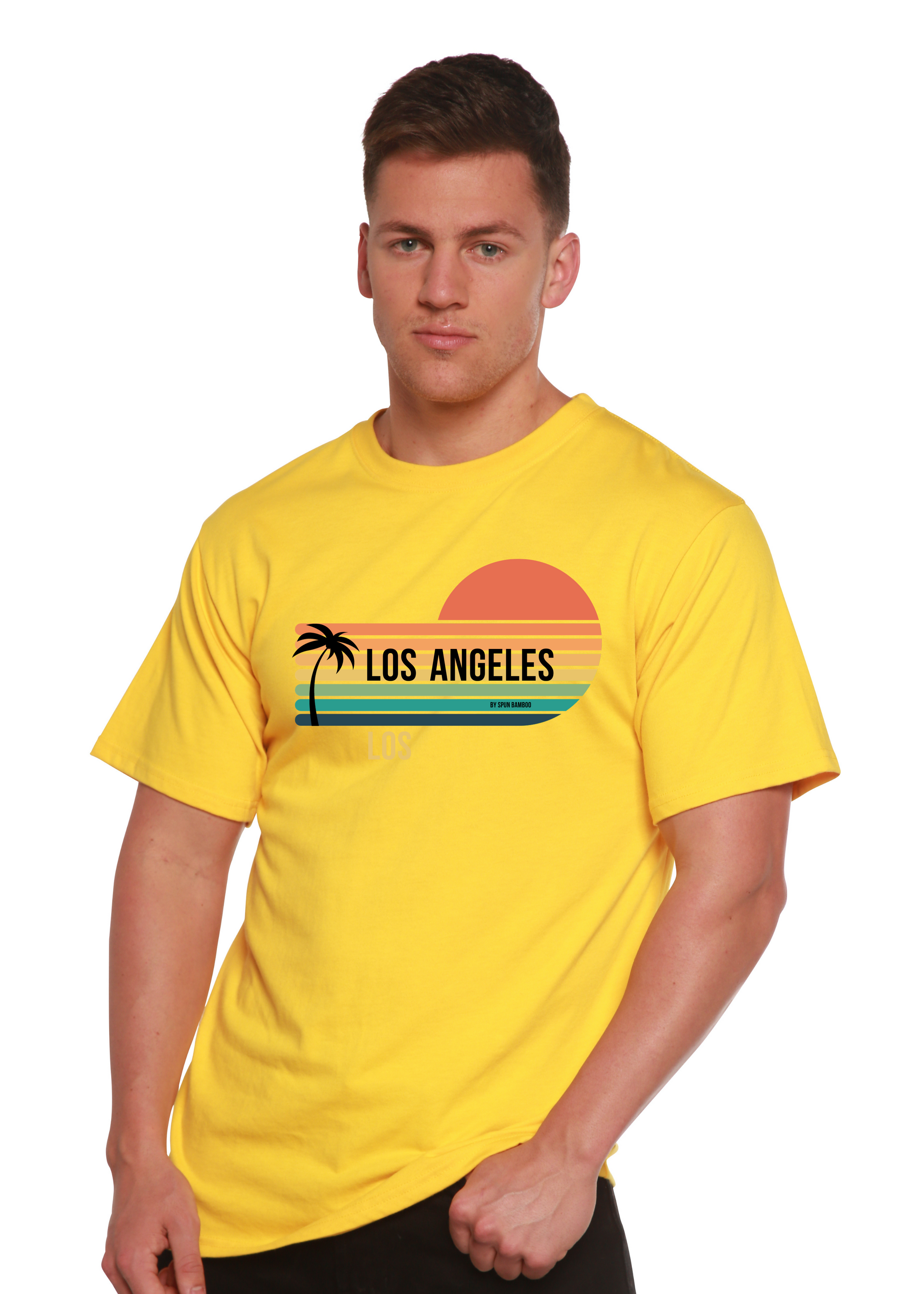 Los Angeles graphic T-shirt by Spun Bamboo in bright yellow with palm sunset print on Tampa Home & Garden Store